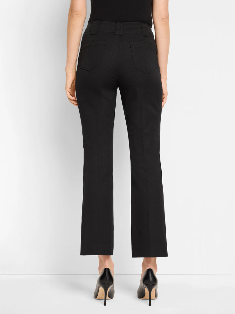 Black demi-boot pants, rear view. Features back patch pockets with topstitching and belt loops. Cropped length.