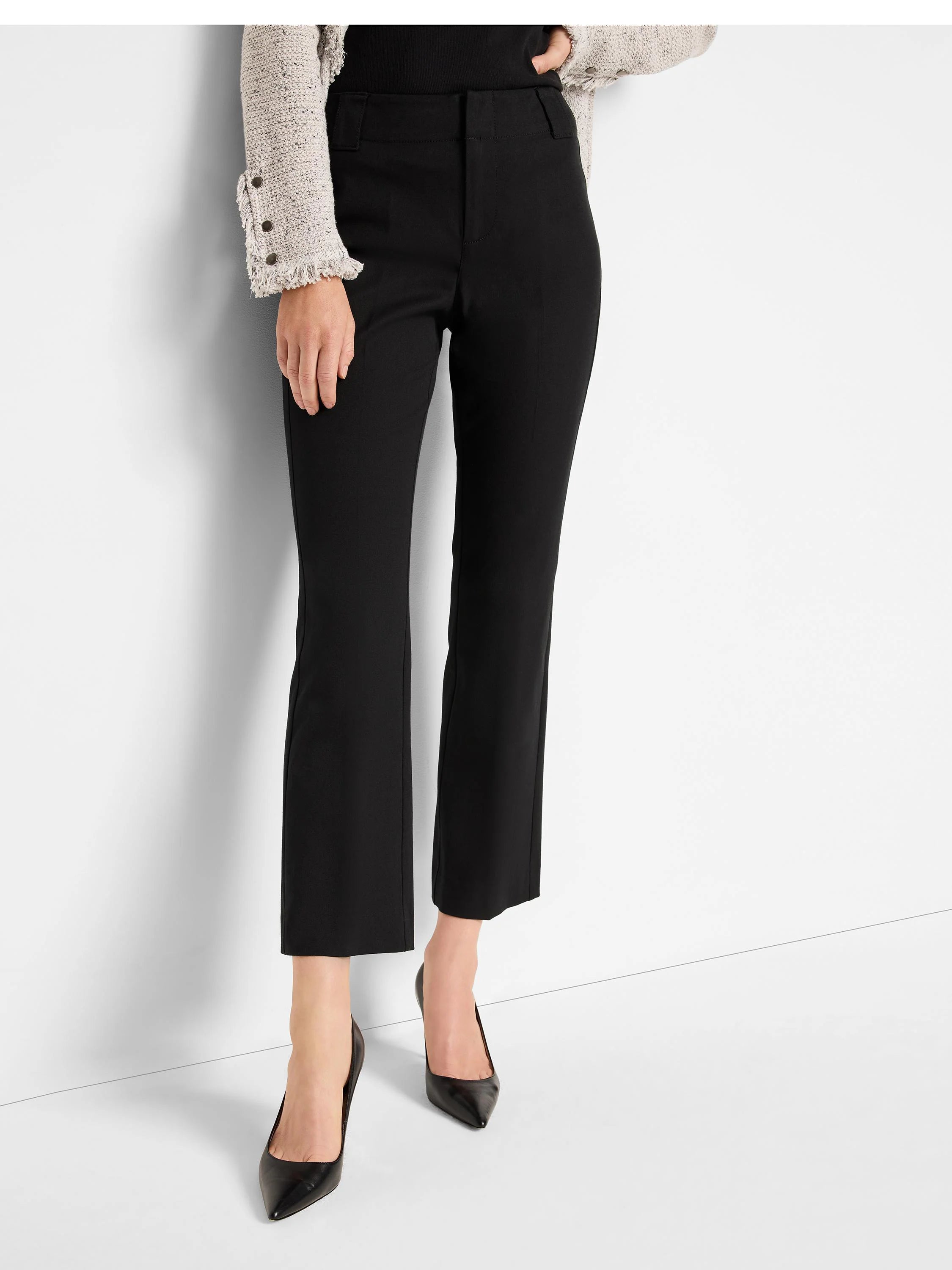 Black, cropped demi boot pants with a high waist and flat front.