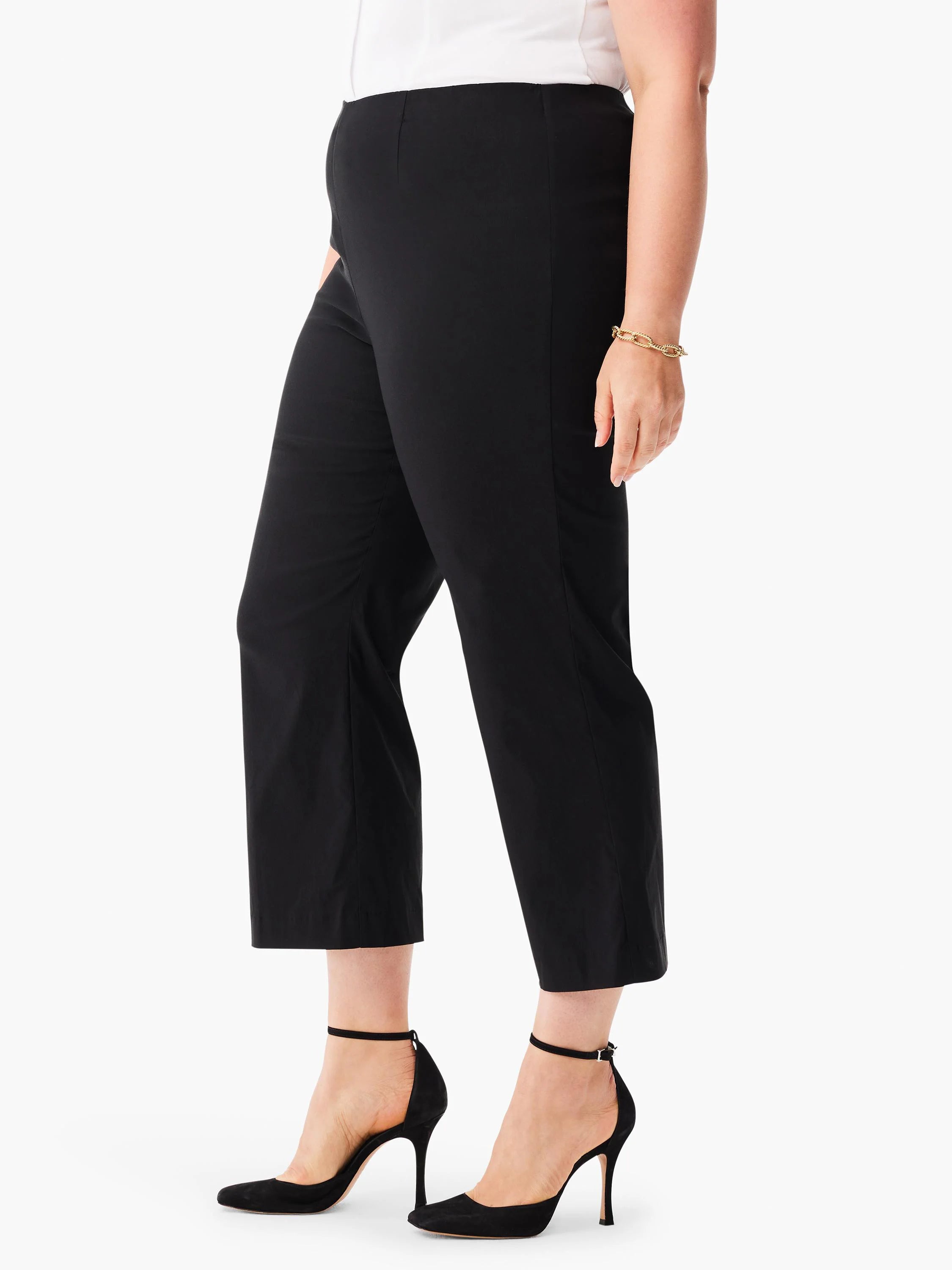 Black wide-leg crop pants with a smooth fabric texture, ending above the ankle.