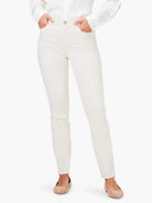 Cream straight ankle jeans with a frayed hem, silver button, and visible front pockets.