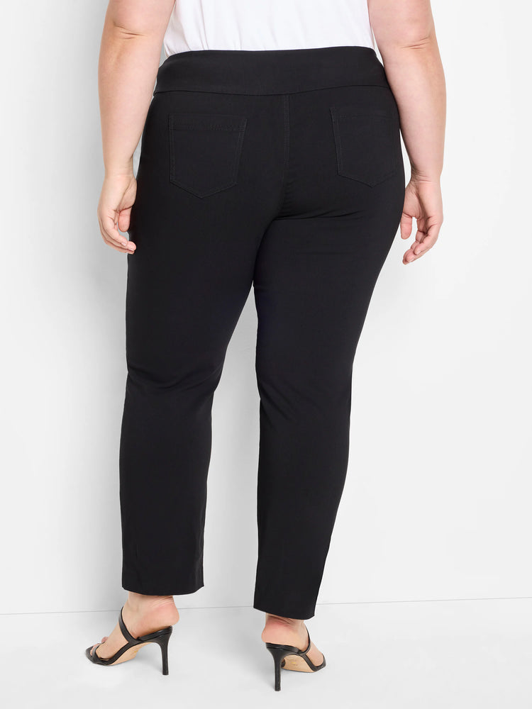 Black straight leg pants on a model from behind. Visible back patch pockets and a wide, smooth pull-on waistband.