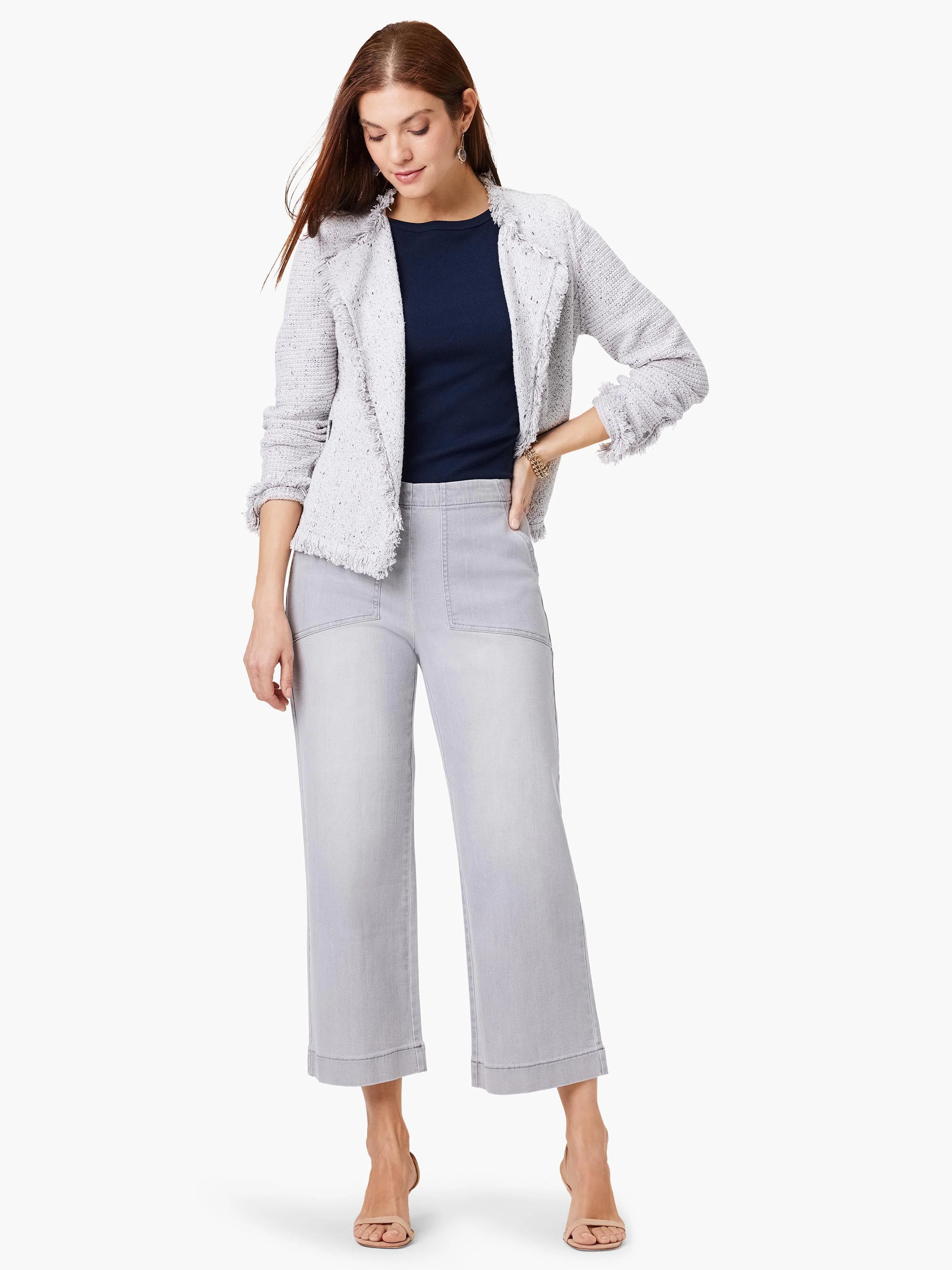 Light gray wide-leg cropped jeans with front patch pockets and a smooth pull-on waistband.