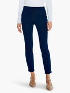 Dark blue slim-fit ankle jeans with a smooth, pull-on waist and subtle front stitching details.