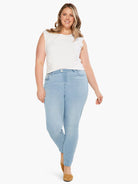 Light blue, high-rise slim ankle jeans with a smooth pull-on waist and single button.