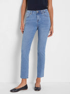 Light blue straight ankle jeans with a raw, frayed hem.