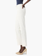 Off-white straight ankle jeans on a model, side view. A hand is in the front pocket.