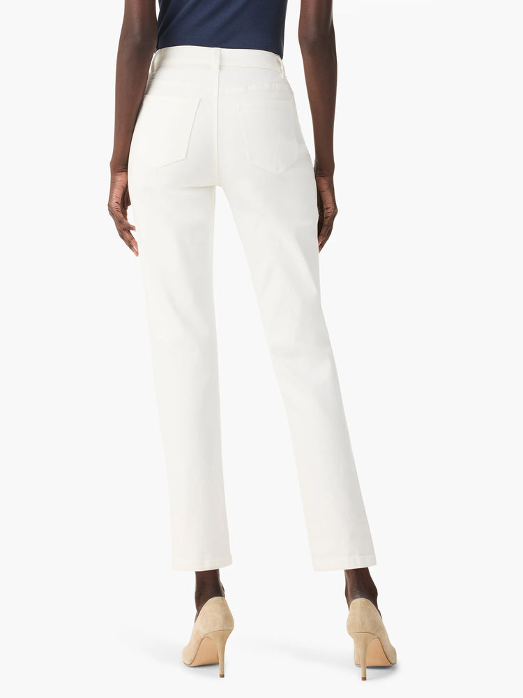 Back view of cream straight ankle jeans with two back pockets and a straight leg ending above the ankle.