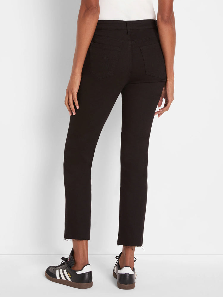 Black straight ankle jeans on a model, shown from behind. Features frayed hems and visible back pockets.