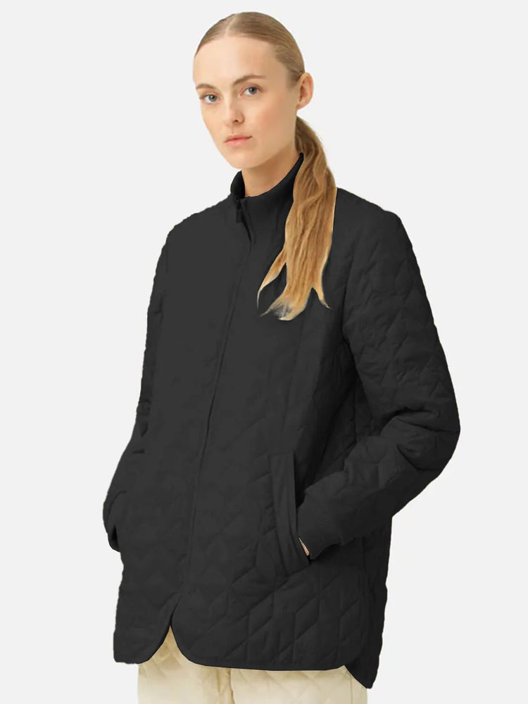 Black quilted jacket with knit collar and zip front.  Diamond quilting pattern.
