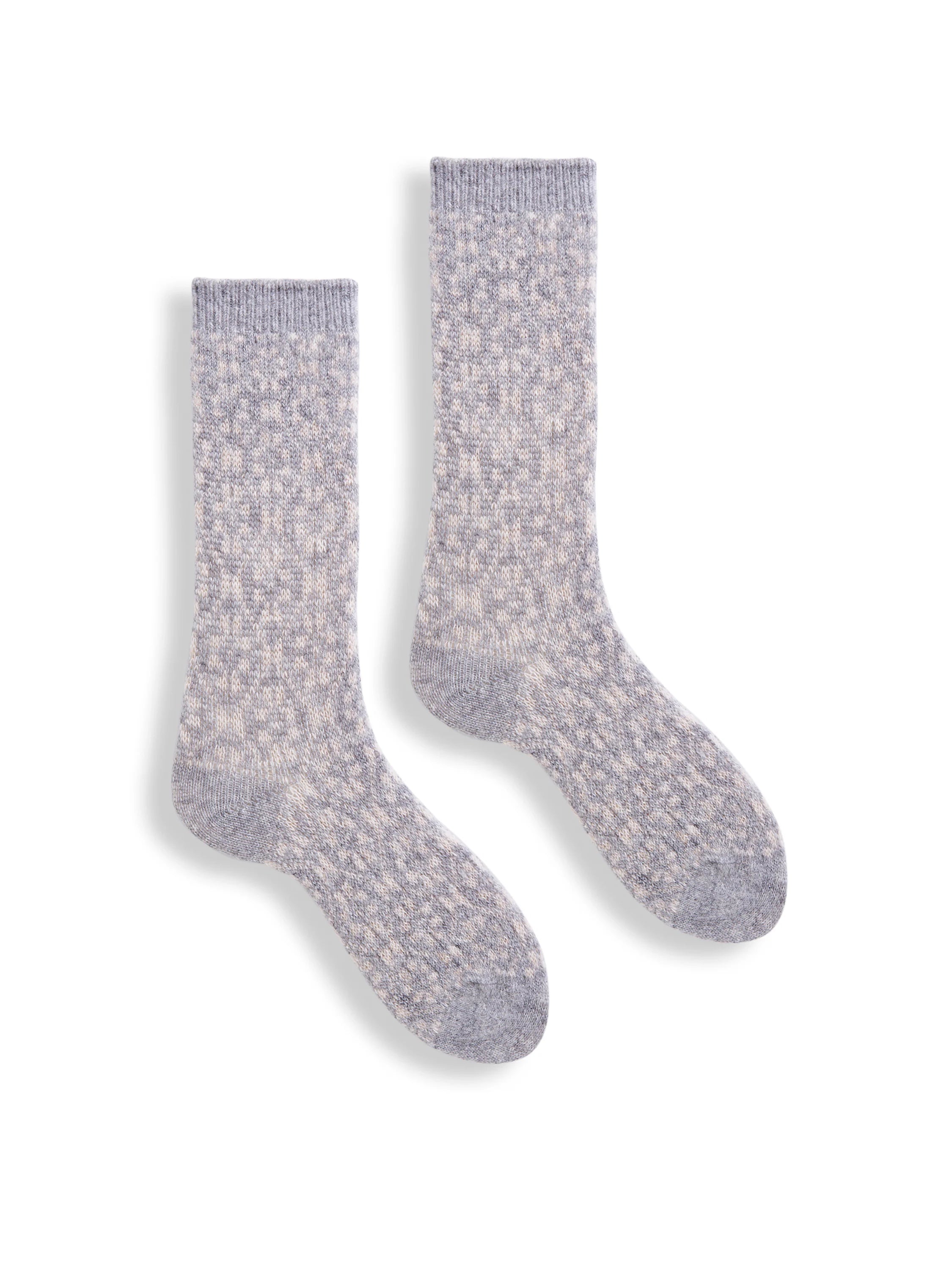 Pair of crew socks; gray with a lighter gray/off-white pattern. Knit texture.