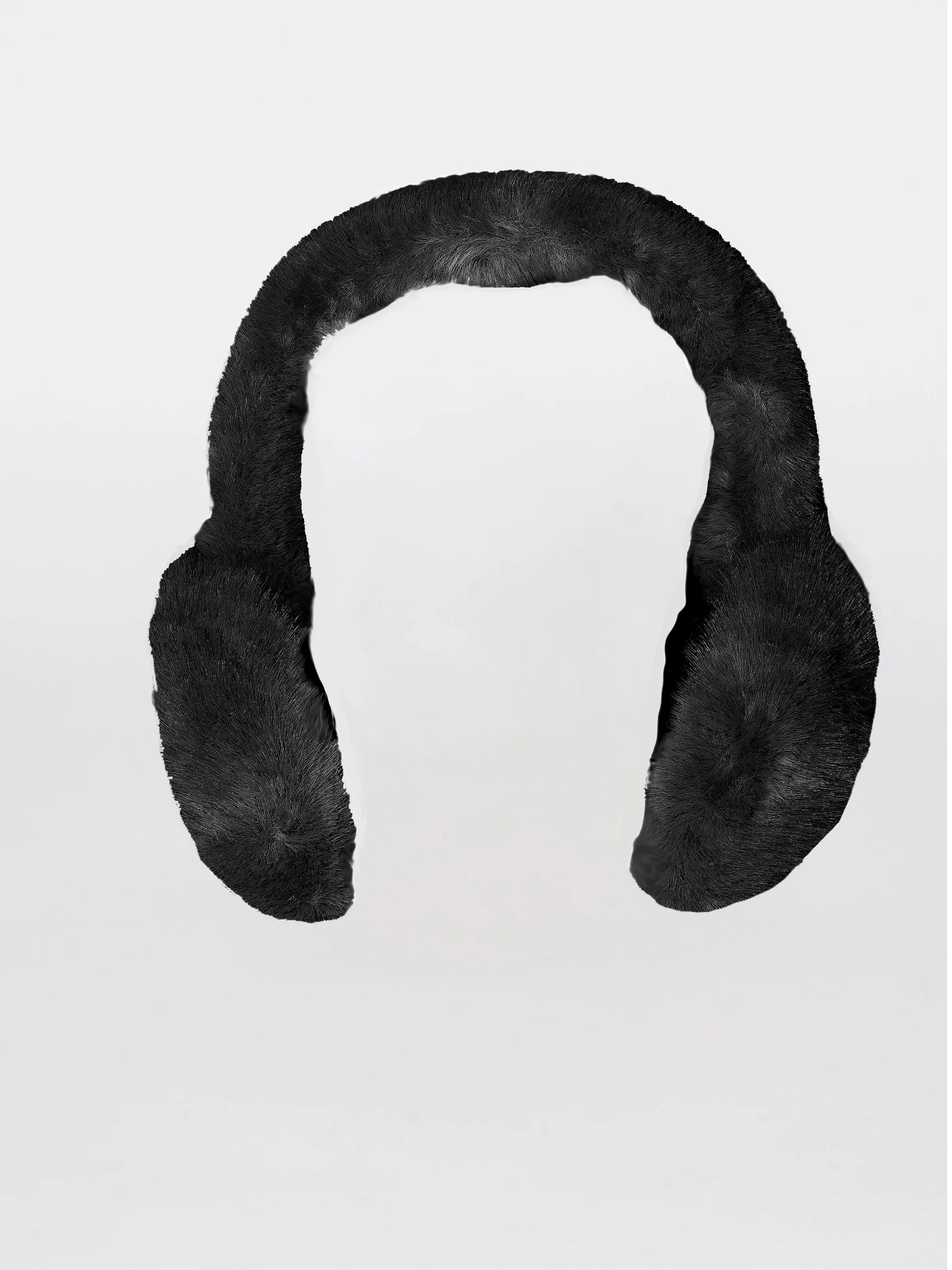 Black faux fur earmuffs. U-shaped headband with plush, rounded ear coverings.