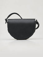 Black half-moon crossbody bag with knotted leather strap.  Small logo on front.