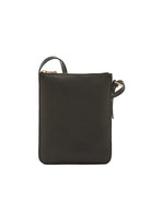 Black rectangular crossbody bag with gold zipper and strap.  Small logo on front.