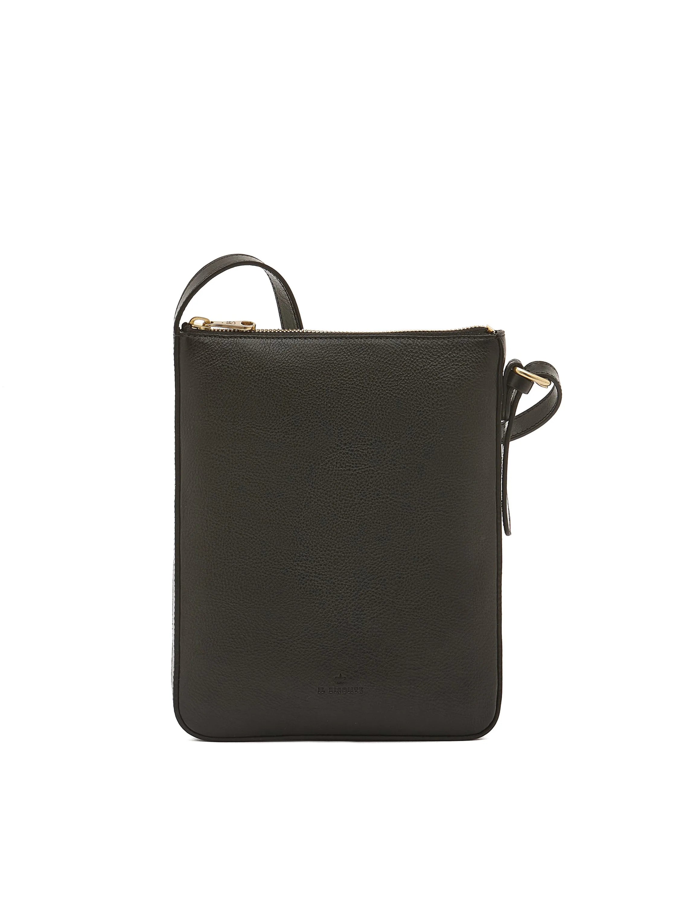Black rectangular crossbody bag with gold zipper and strap.  Small logo on front.