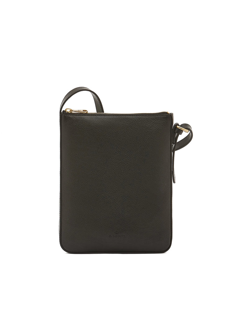 Black rectangular crossbody bag with gold zipper and strap.  Small logo on front.