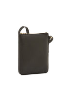 Black rectangular crossbody bag with gold zipper and strap.  Small logo embossed on front.