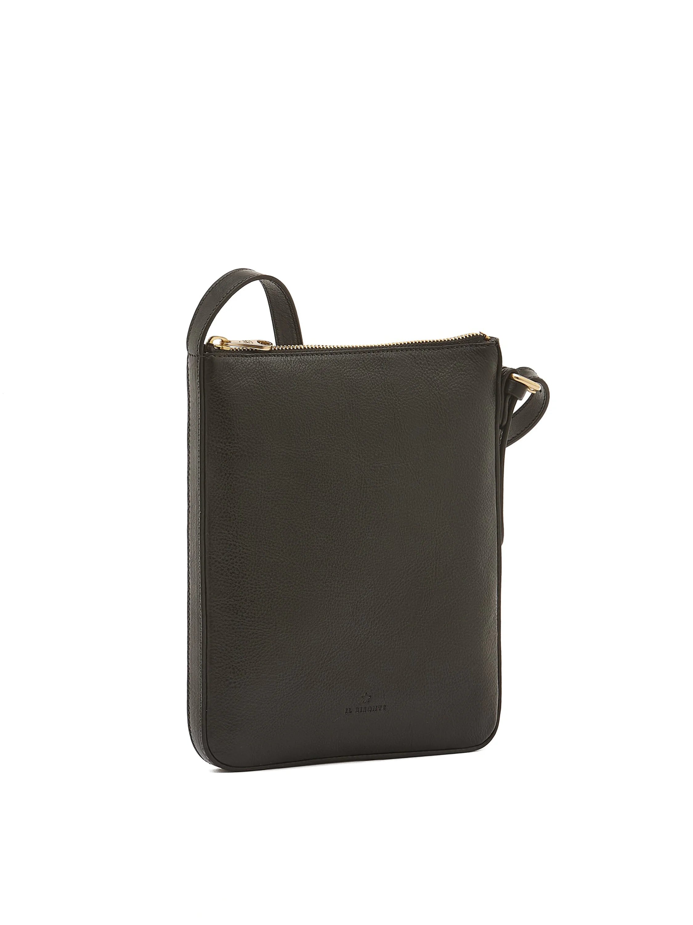 Black rectangular crossbody bag with gold zipper and strap.  Small logo embossed on front.