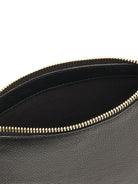 Black rectangular crossbody bag with gold zipper.  Interior is black fabric.