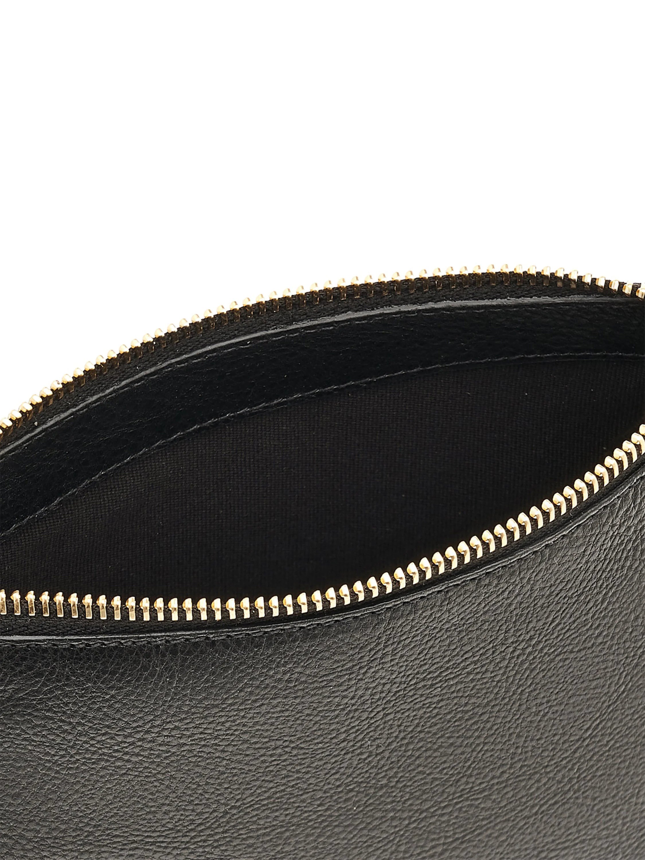 Black rectangular crossbody bag with gold zipper.  Interior is black fabric.