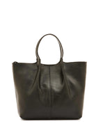 Black leather crossbody bag with top handles.  Slightly structured, textured leather.  Small, discreet logo.