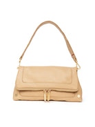 Light tan pebbled leather Hammitt Beverly handbag with a front zipper, dual gold pulls, and a detachable shoulder strap.