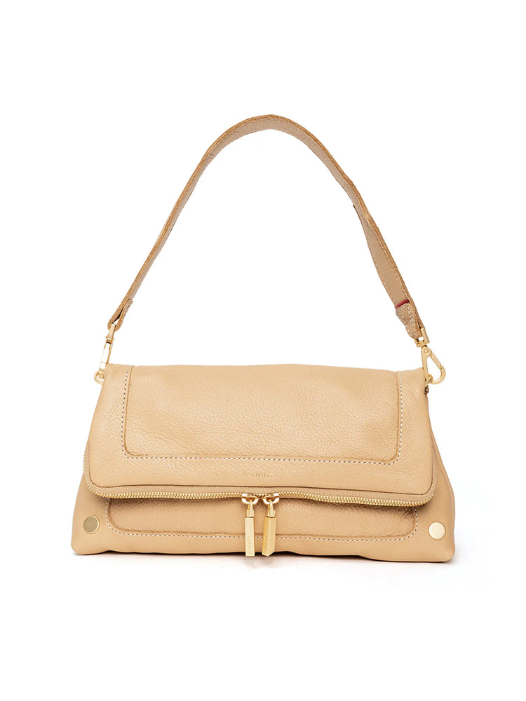 Light tan pebbled leather Hammitt Beverly handbag with a front zipper, dual gold pulls, and a detachable shoulder strap.