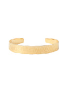 Gold hammered cuff bracelet;  wide, slightly uneven band with textured surface.