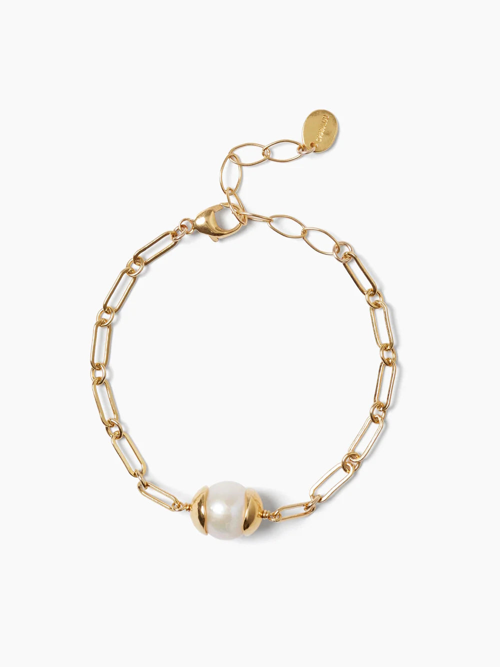 Gold chain bracelet with a large white pearl.  The clasp is gold.