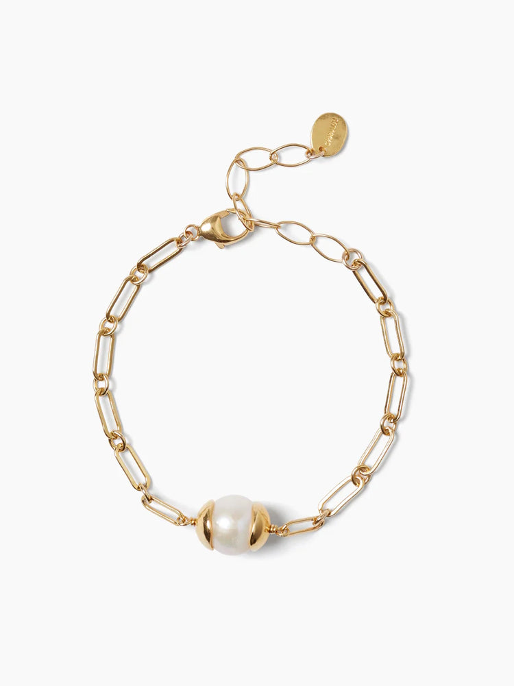Gold chain bracelet with a large white pearl.  The clasp is gold.