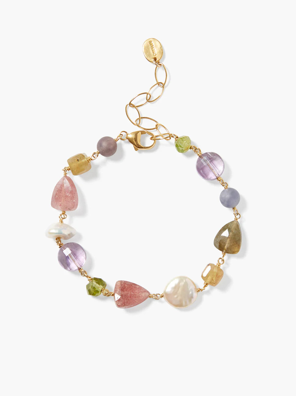 Gold chain bracelet with pink, purple, green, and white stones; varied shapes and sizes.