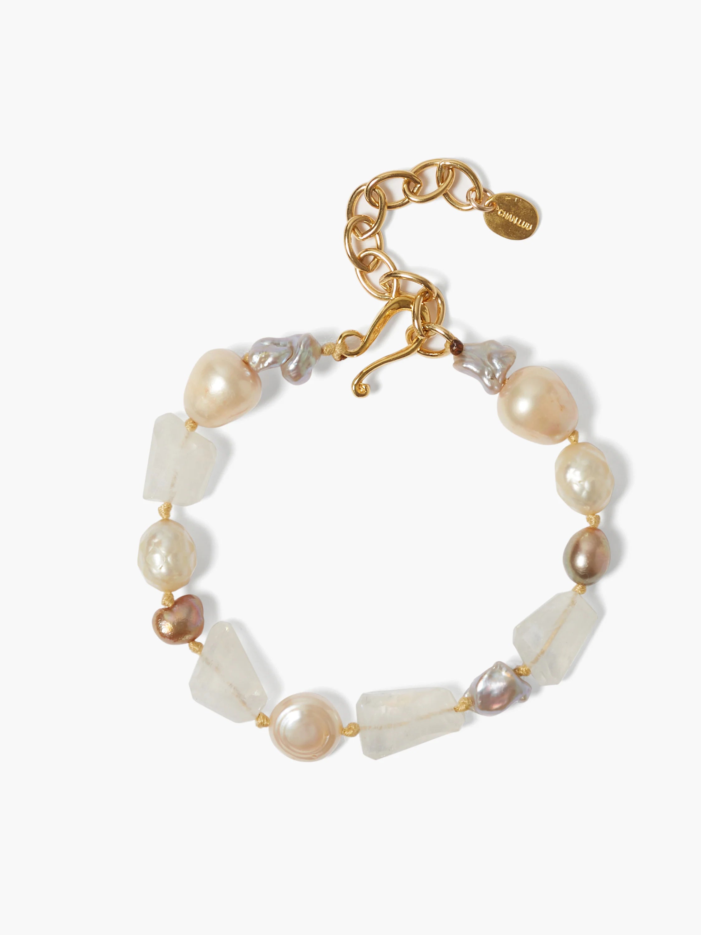 Gold clasp, off-white & rose-toned pearls, translucent off-white stones.
