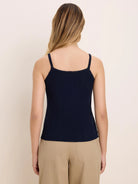 Navy blue pointelle rib cami with scalloped spaghetti straps and back neckline, shown on a model from behind.