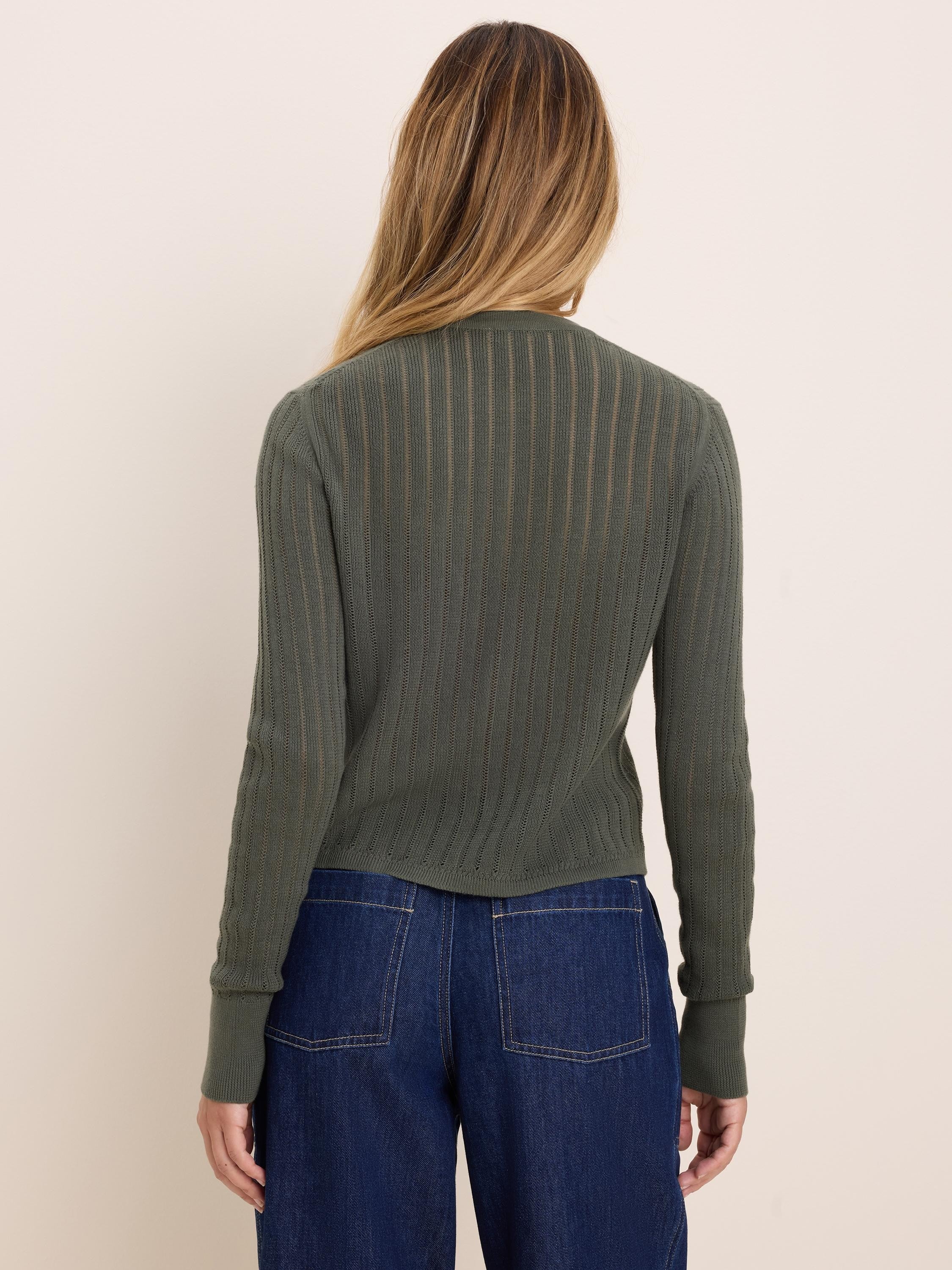 Dark green pointelle knit cardigan, seen from the back. Features a vertical openwork pattern and ribbed cuffs and hem.