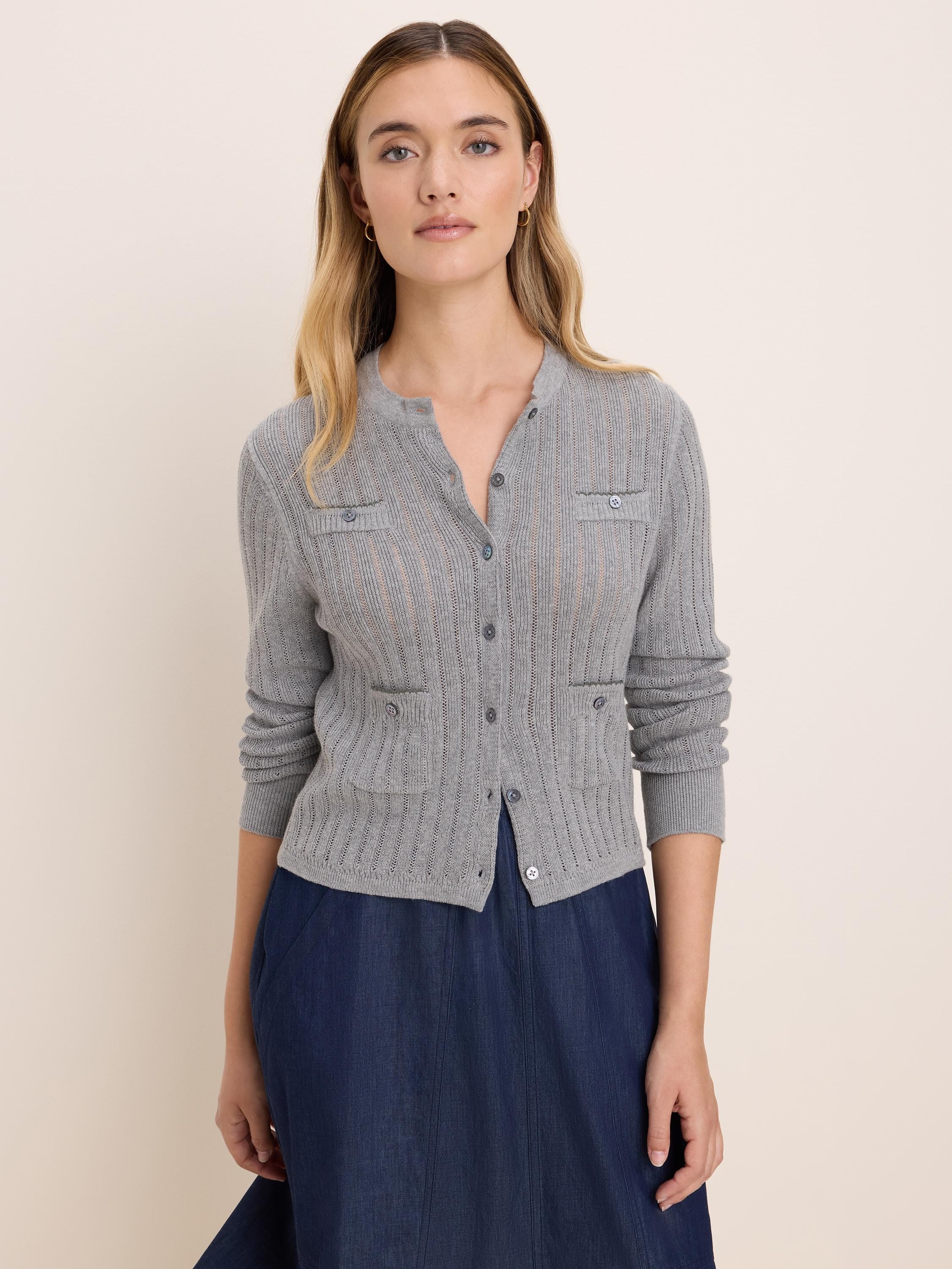 Light grey pointelle knit cardigan with visible holes, front buttons, and two buttoned chest pockets.