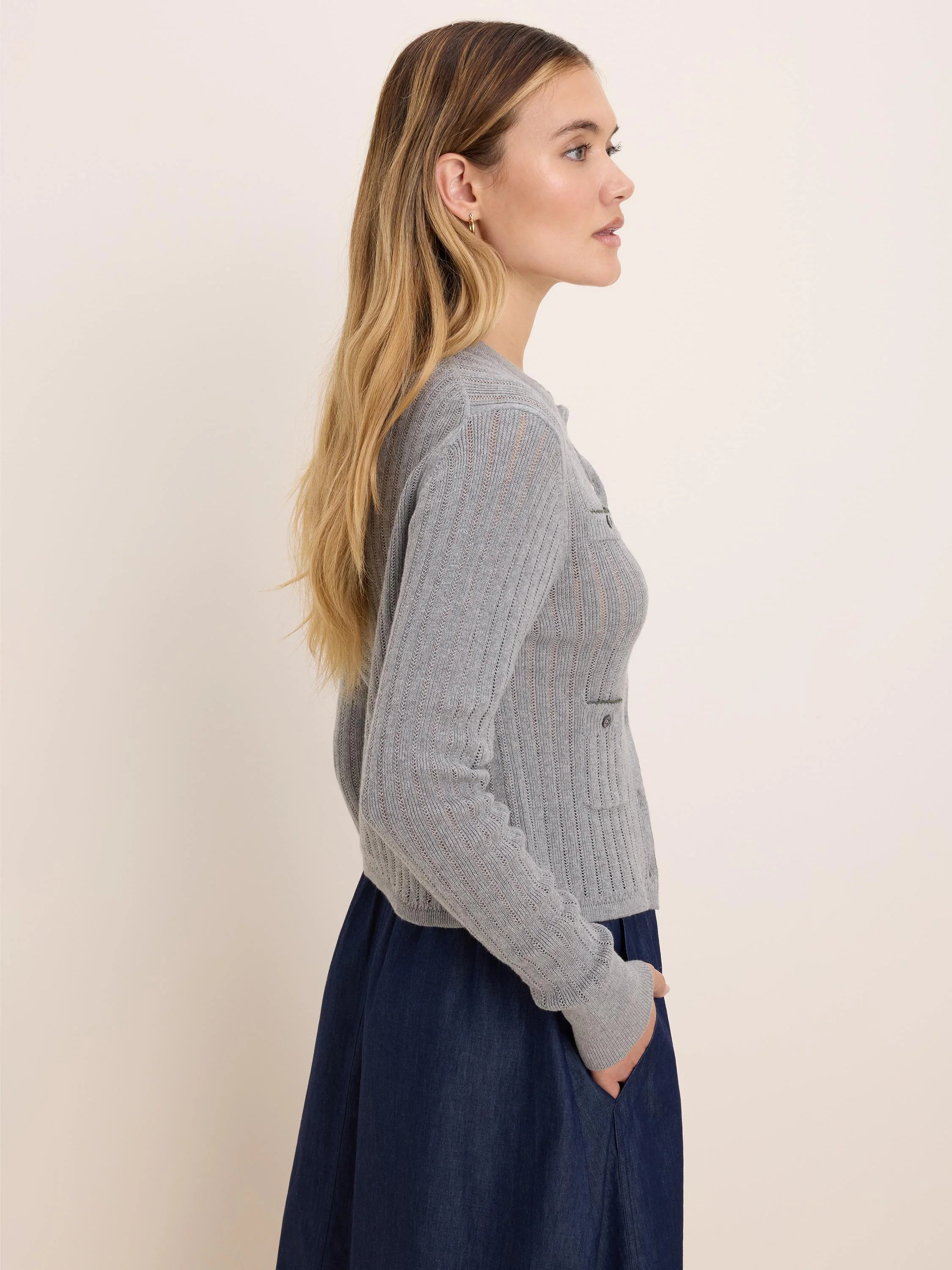 Light gray pointelle knit cardigan with a small patch pocket.
