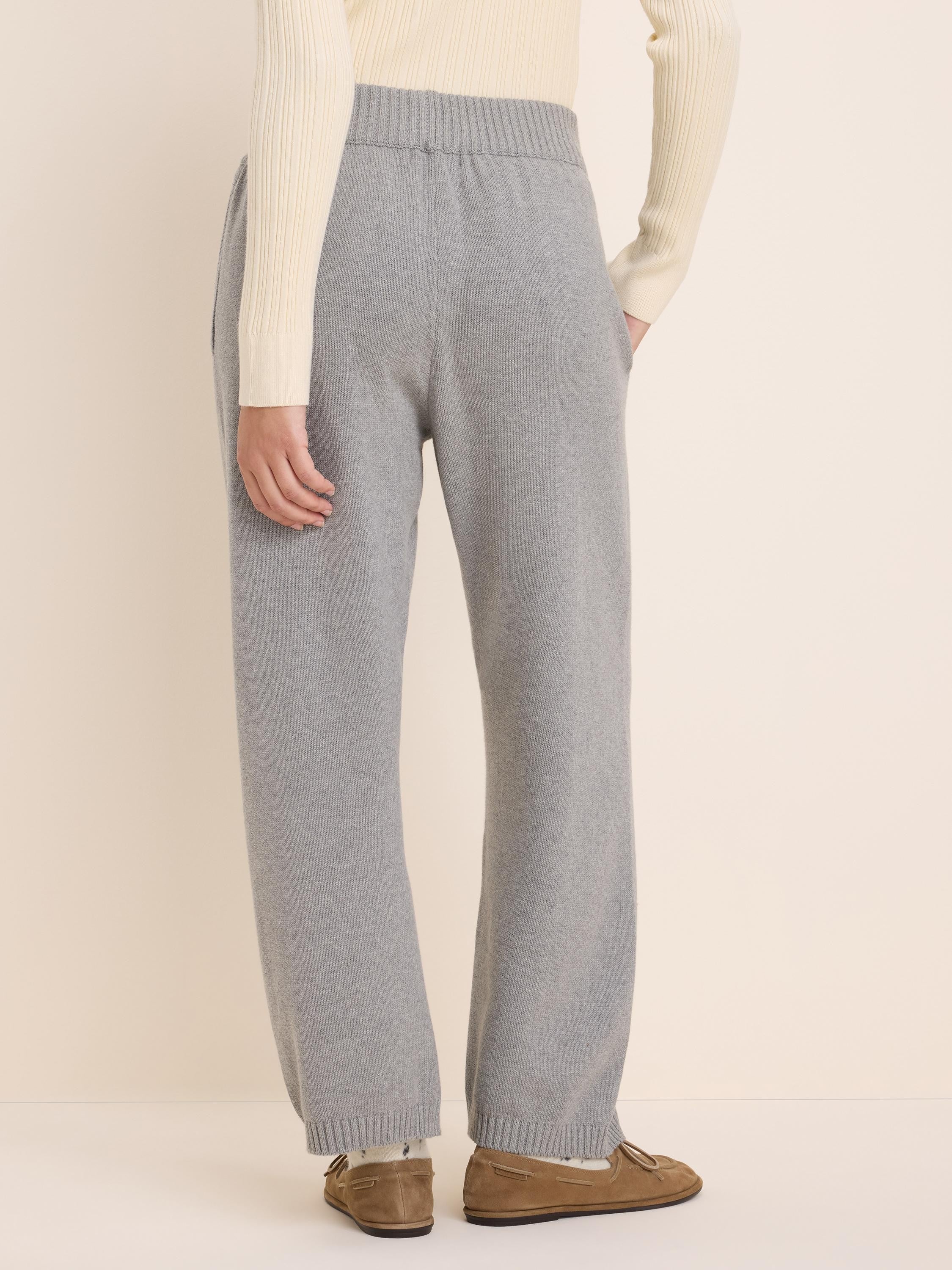 Light grey knit sweater pants with a wide-leg fit and a ribbed elastic waistband, shown from the back.