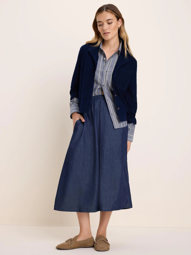 Pale blue-gray long-sleeve shirt with subtle cream vertical dobby stripes and a button-front.