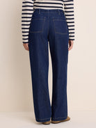 Dark blue wide-leg denim pants, shown from behind. Features light-stitched back pockets and belt loops.