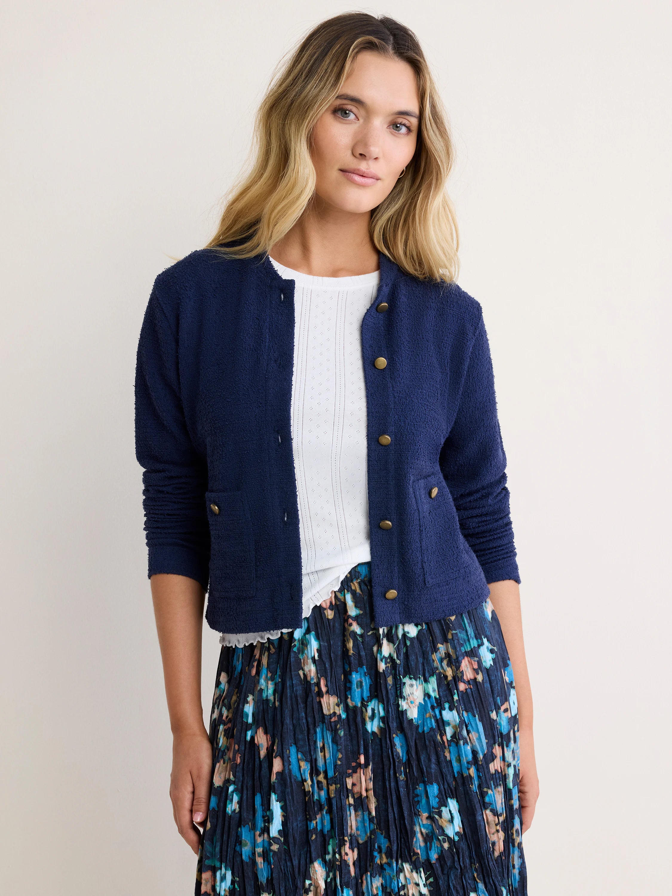 Navy textured knit bomber jacket with gold buttons and two flap pockets.