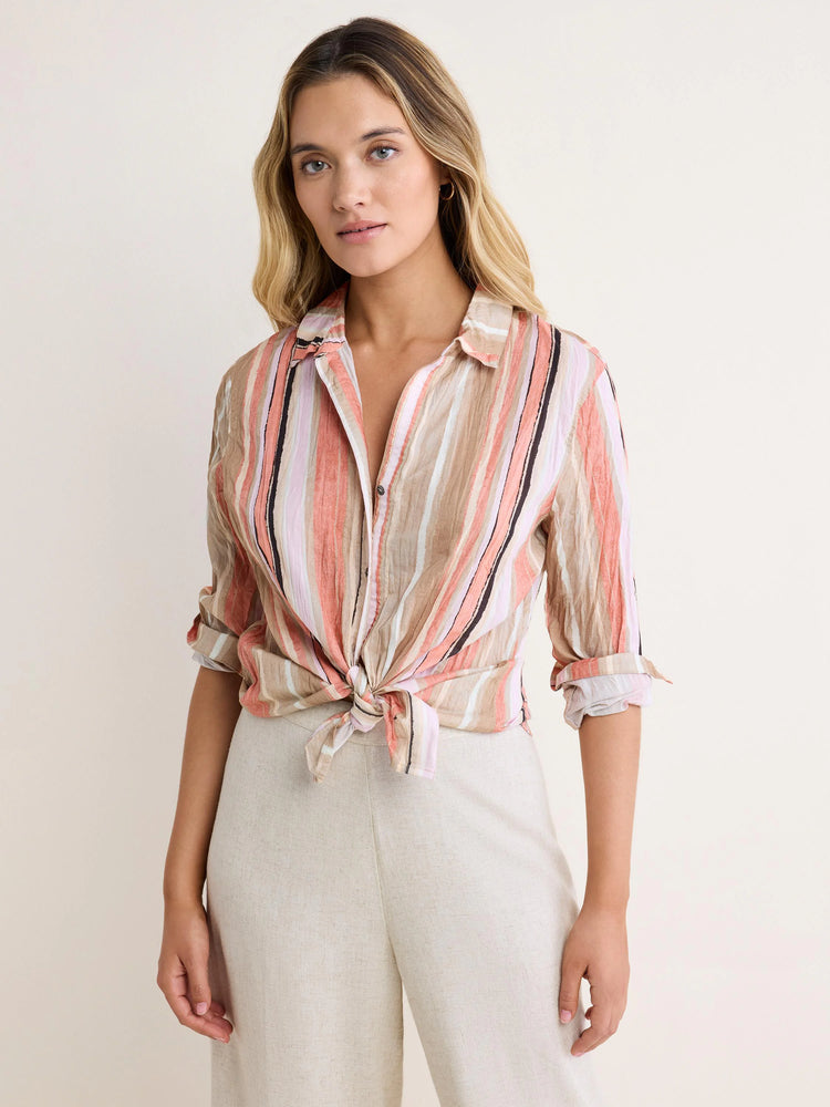 Vertical striped shirt in beige, coral, pink, and black. Rolled 3/4 sleeves, front tie knot.