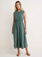 Green sleeveless poplin midi dress with a gathered neckline and elasticated waist.