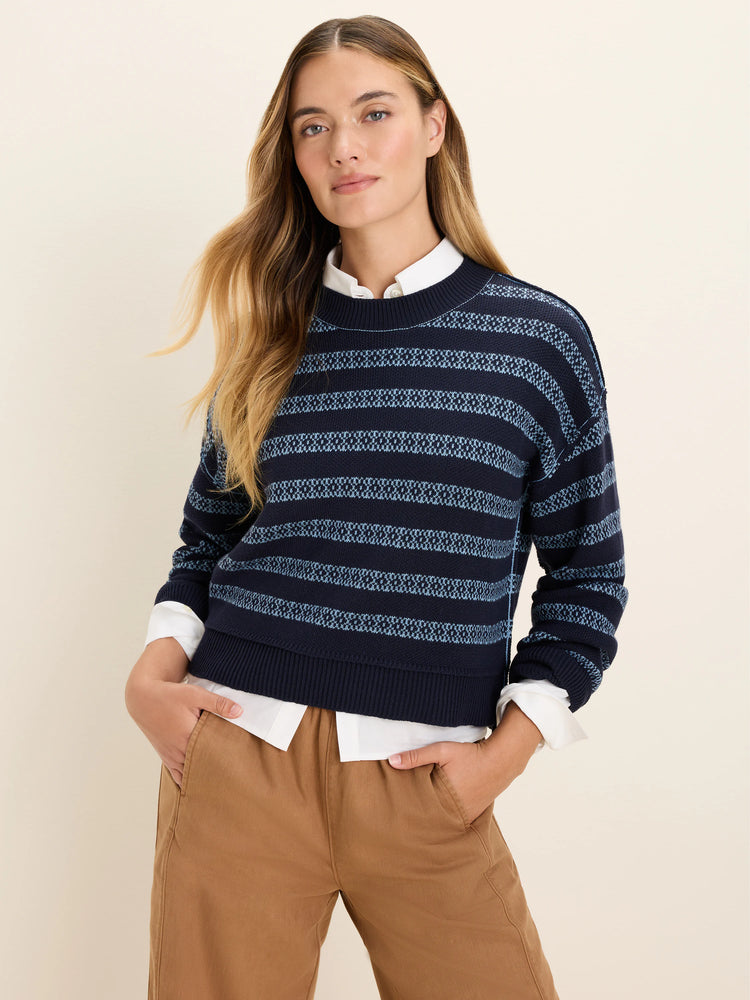 Navy crewneck sweater with light blue patterned horizontal stripes.