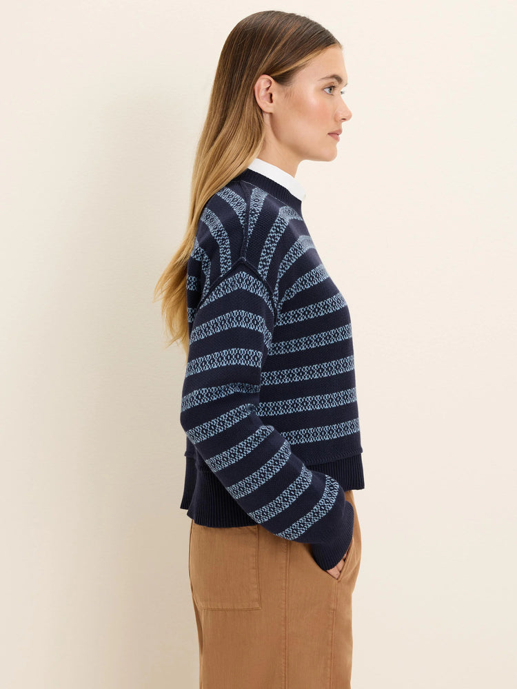 Navy blue cotton jacquard sweater with light blue patterned horizontal stripes.