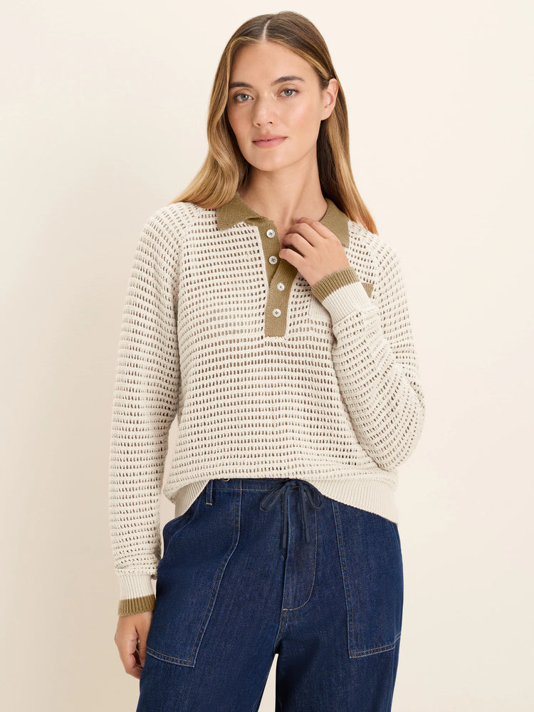Cream mesh long sleeve polo sweater with olive green collar, button placket, and cuff stripes.