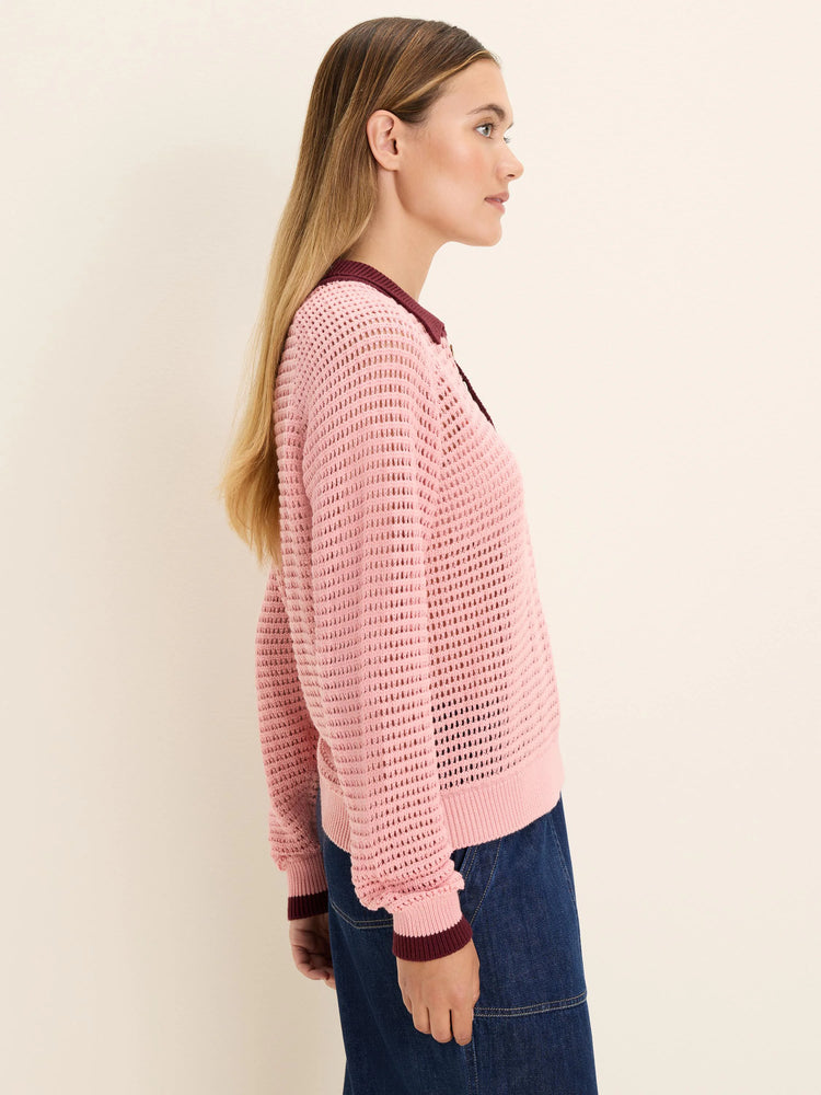 Light pink mesh long sleeve polo sweater with dark red collar & ribbed cuffs.