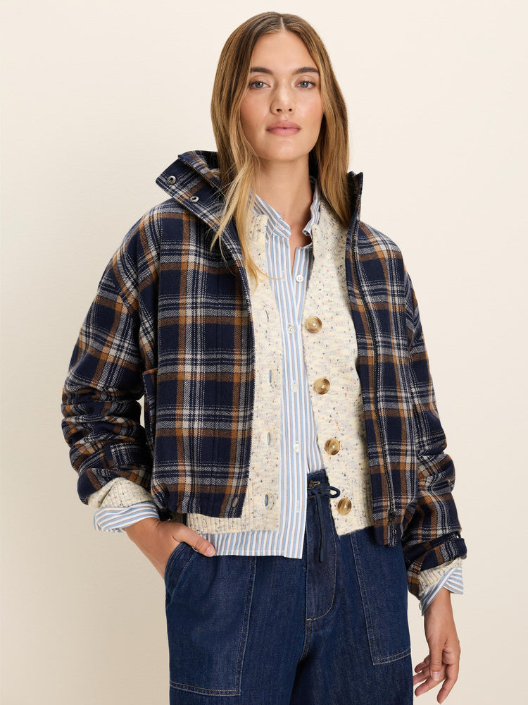 Navy, brown, & cream plaid jacket. Cropped fit, stand collar, & zip front.