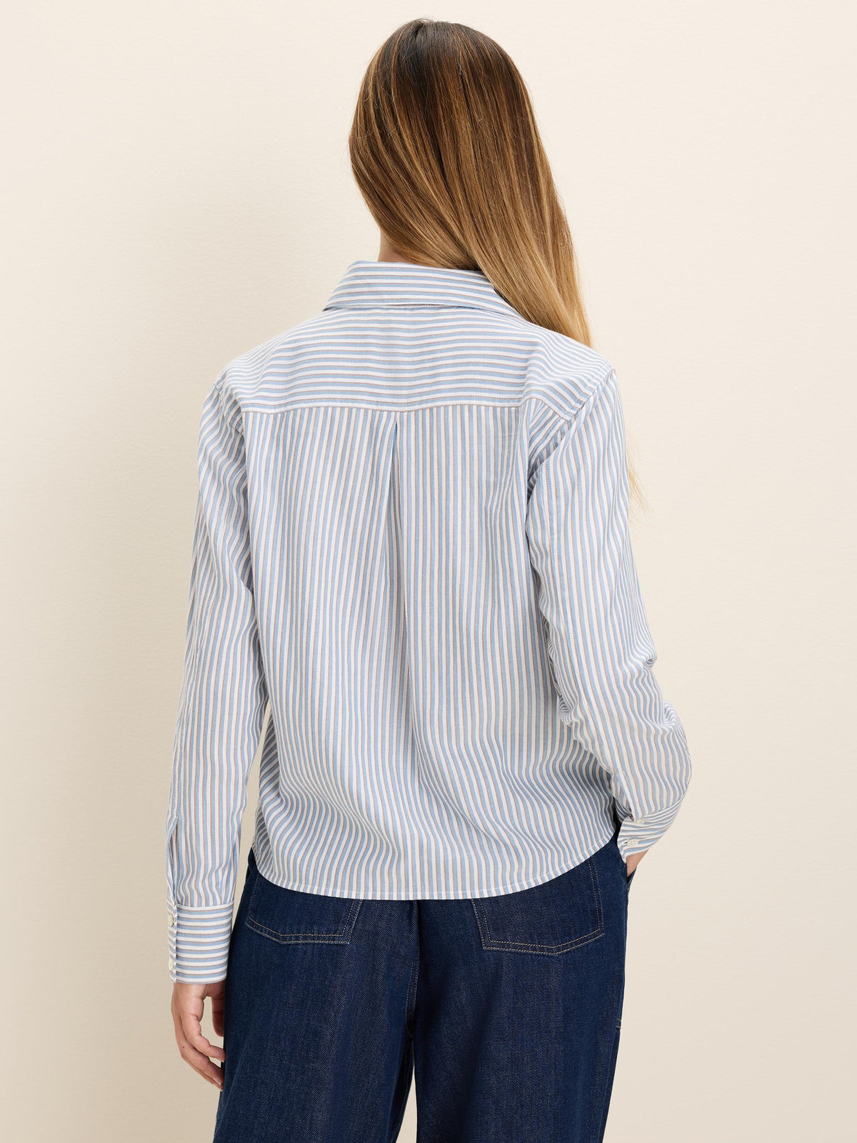 Striped shirt: light blue, white, and thin beige vertical stripes. Back features yoke, pleats, long sleeves.