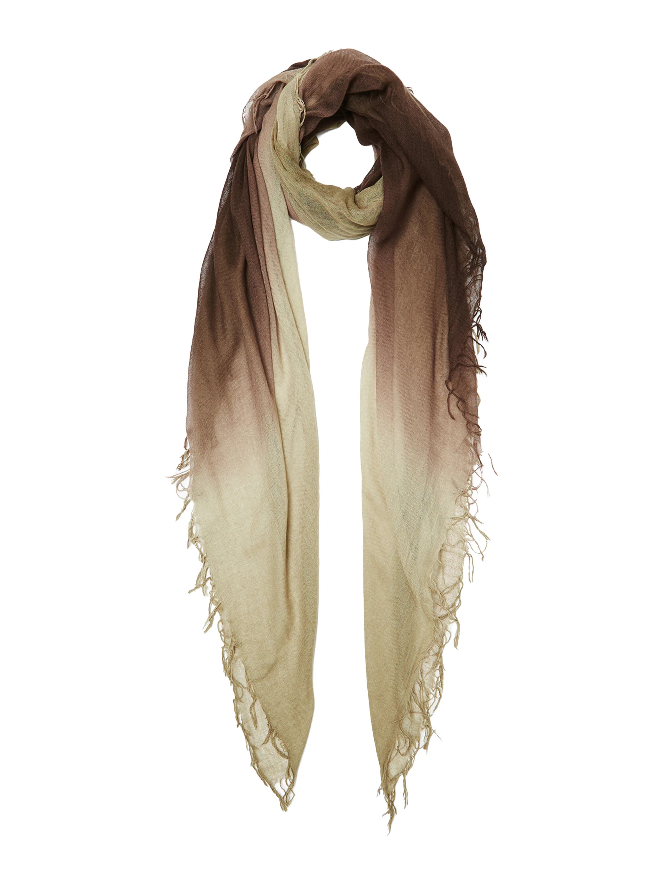 Dip-dye cashmere and silk scarf.  Brown to beige ombre effect.  Frayed edges.