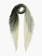 Dip-dye cashmere and silk scarf.  Dark olive green top fading to pale cream.  Frayed edges.