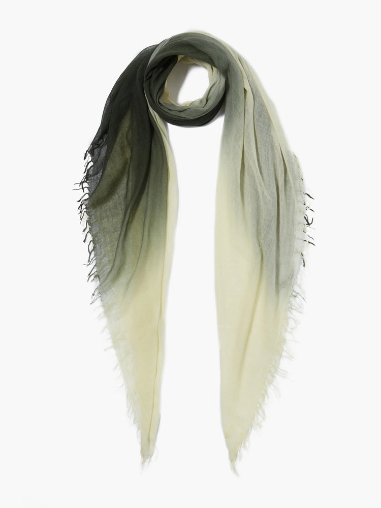 Dip-dye cashmere and silk scarf.  Dark olive green top fading to pale cream.  Frayed edges.